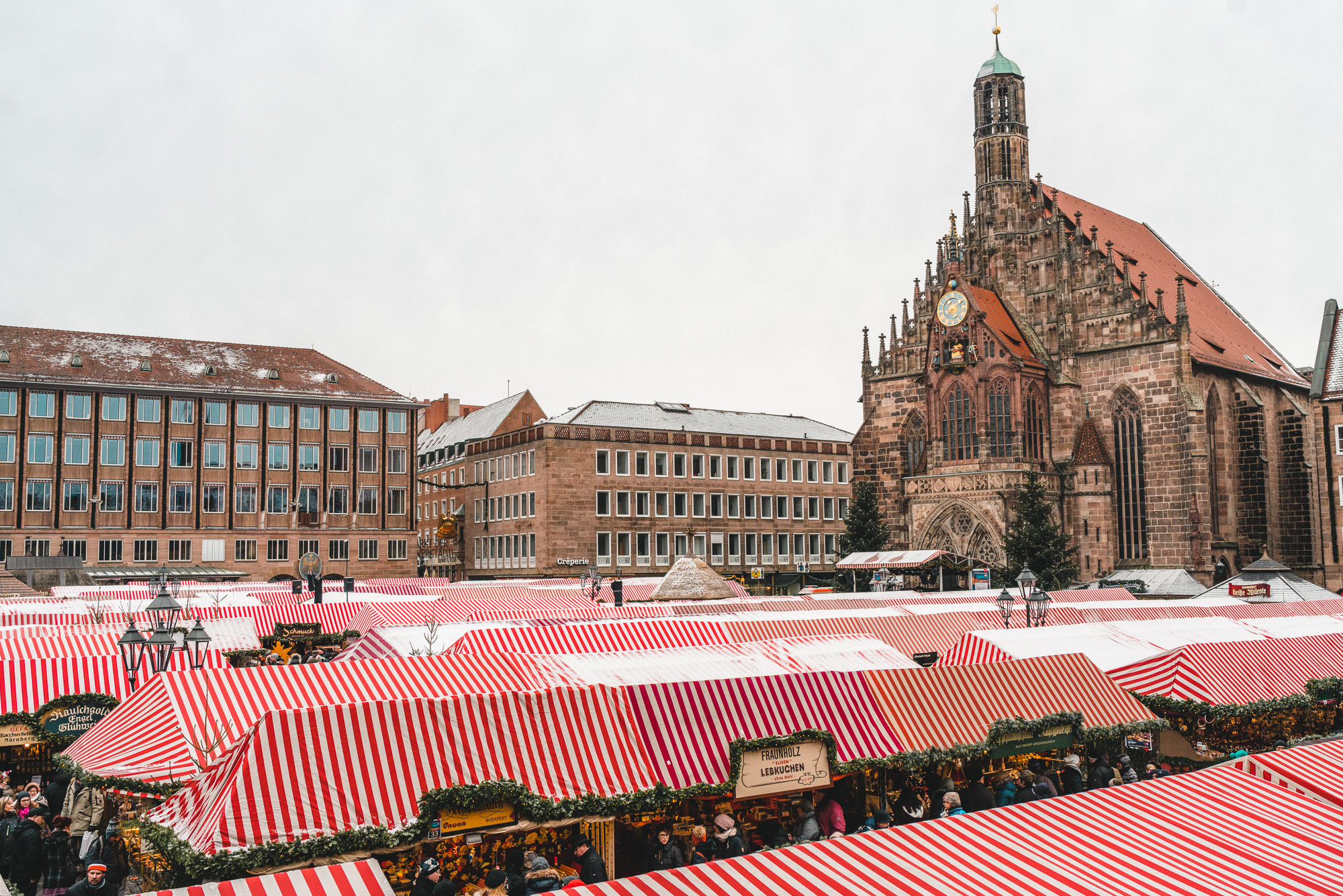 red and white stalls of Nuremberg christmas market in germany