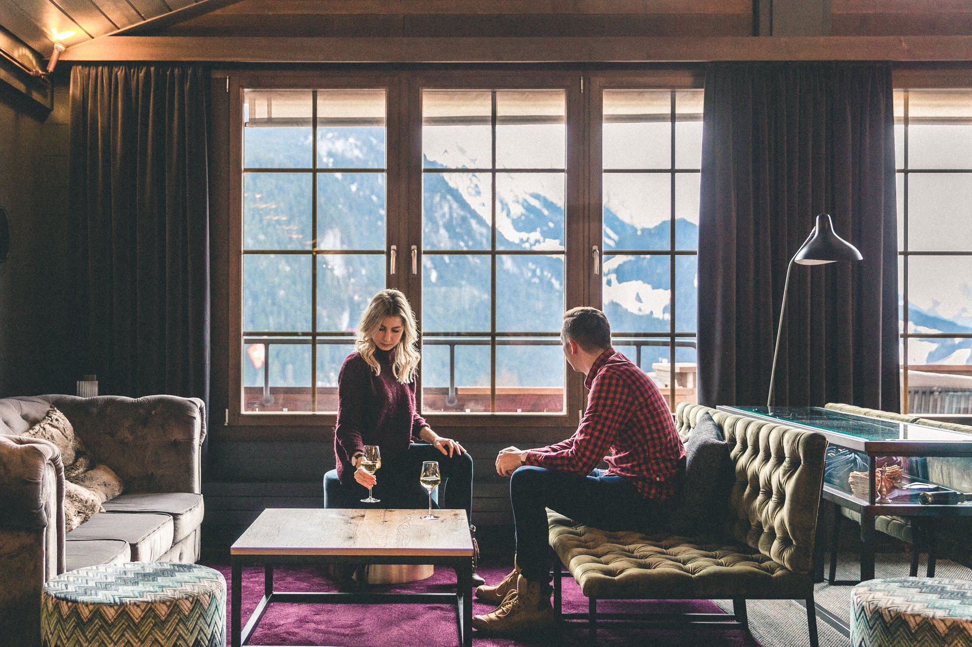 lobby of huus gstaad switzerland boutique hotel ski trip