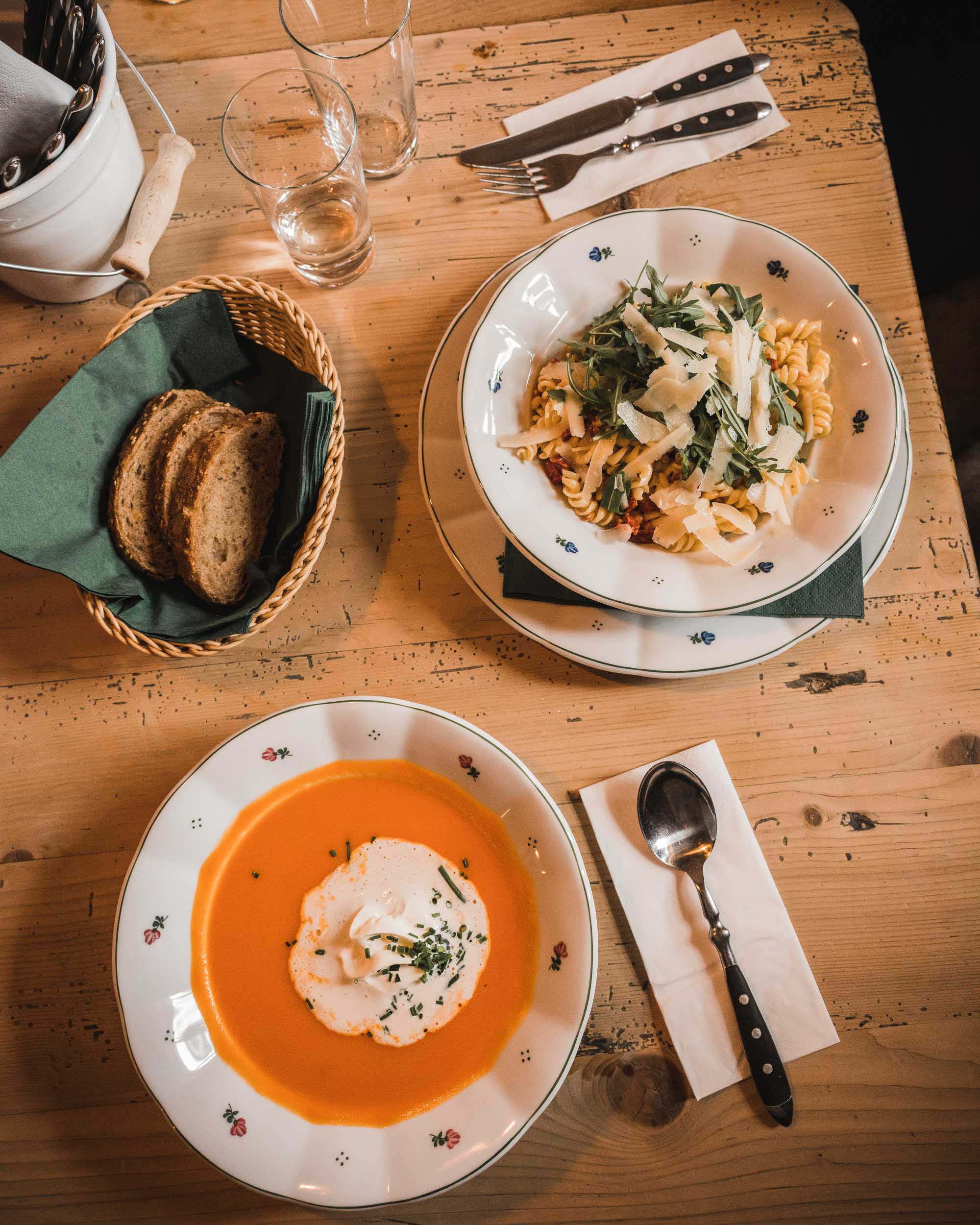 Lunch of soup and pasta at a local Austrian guesthouse in Lech Austria in Europe