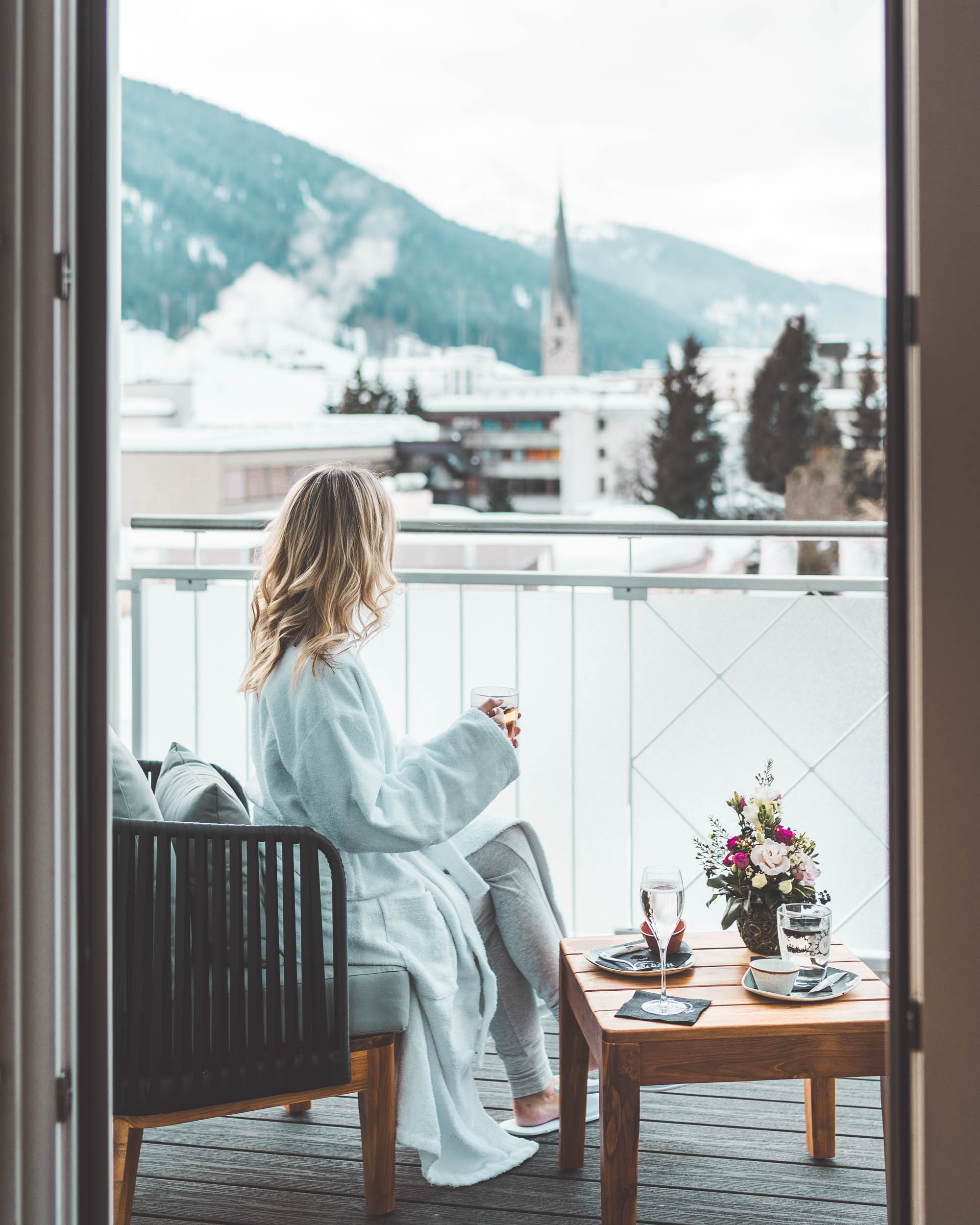 Travel blogger Selena Taylor in Davos Switzerland Swiss Alps Ski Town
