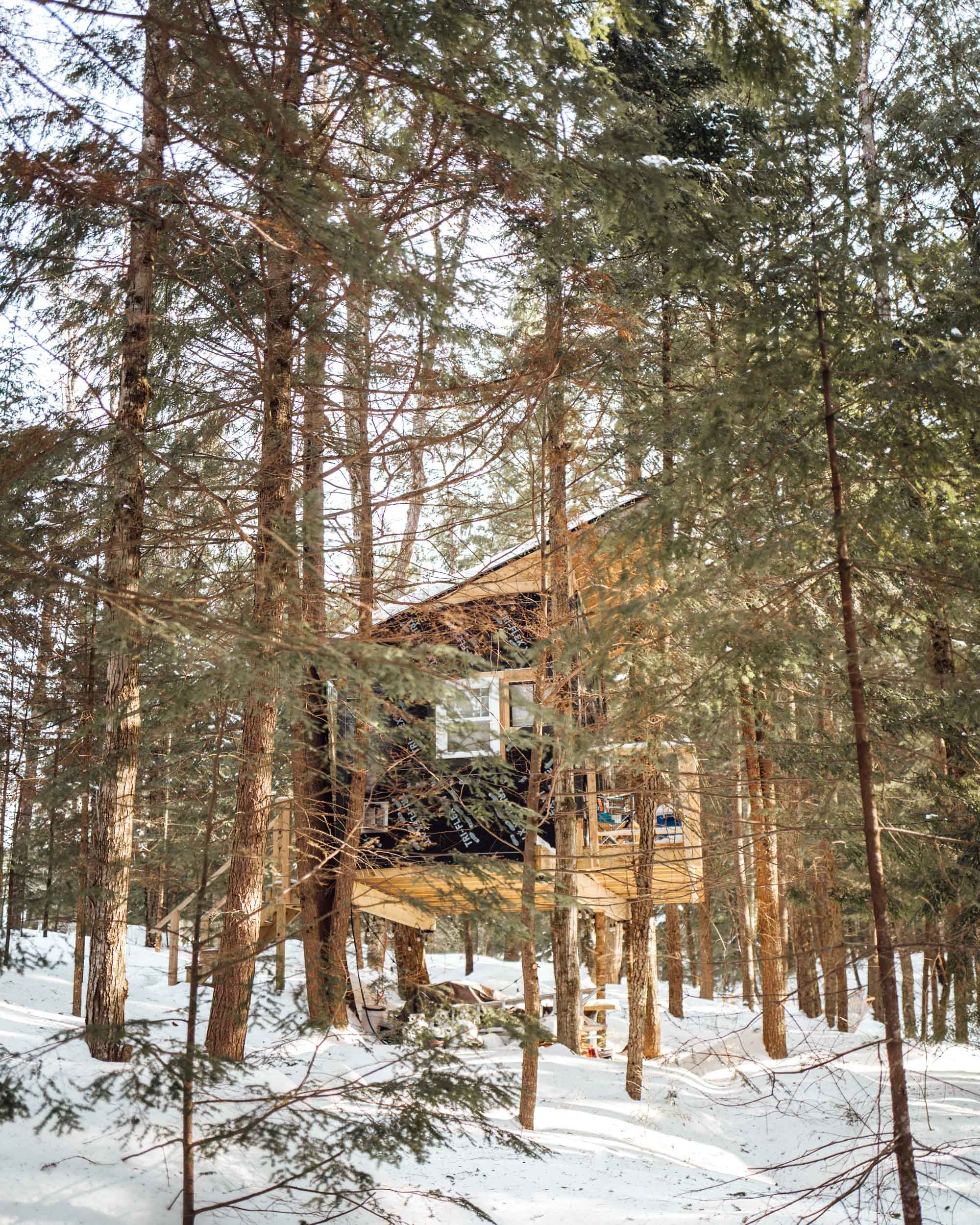 Vermont Treehouse Airbnb in the trees in winter via Find Us Lost