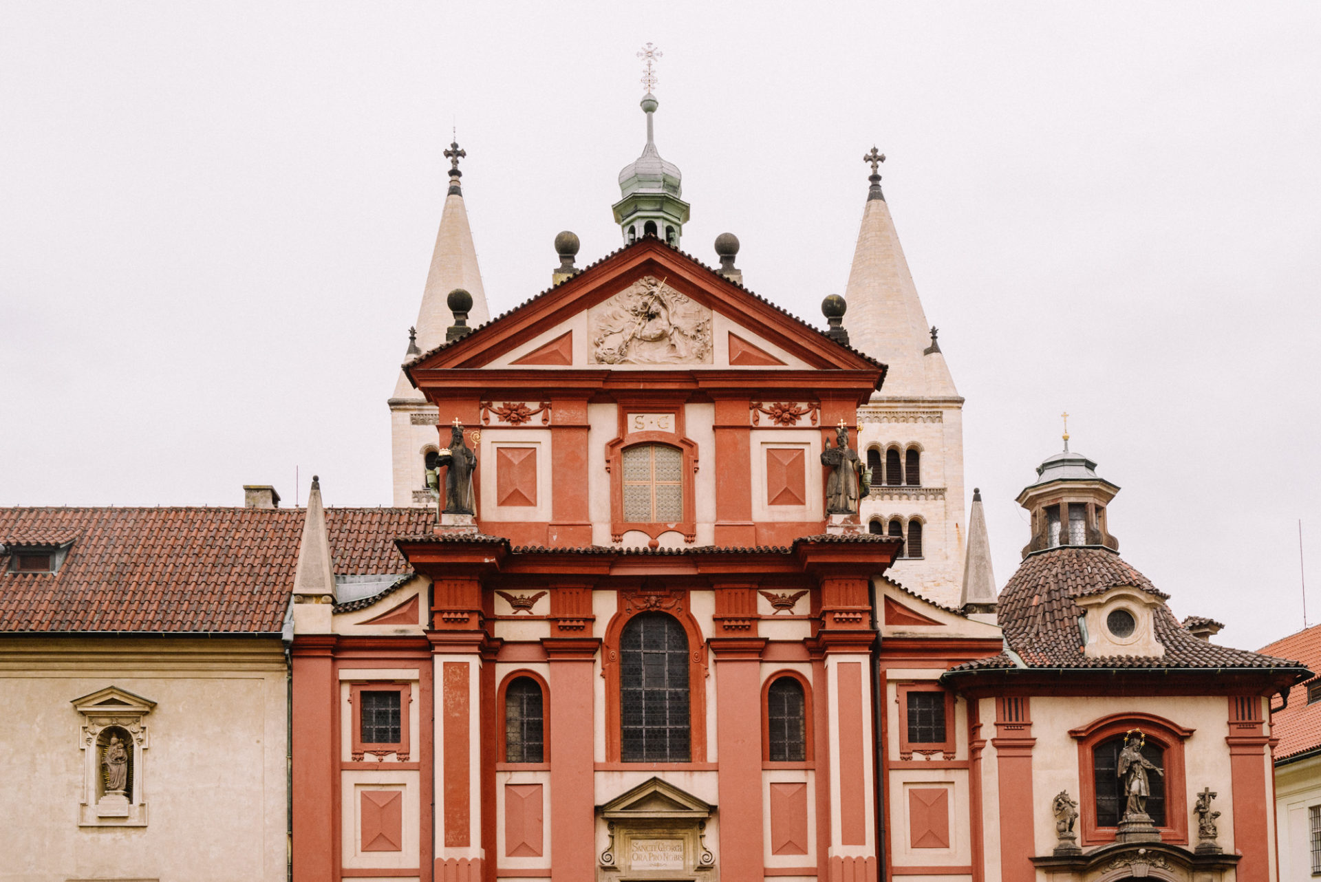 Architecture and pink buildings in Prague, Czech Republic